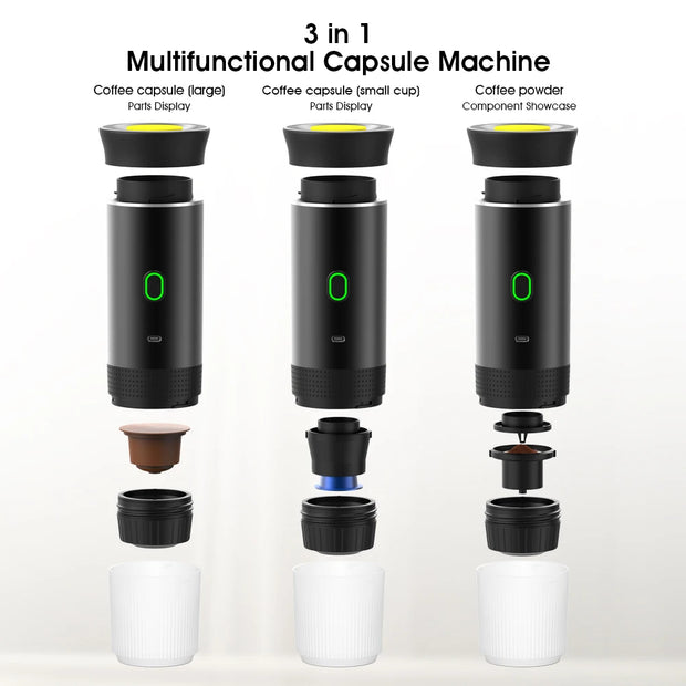 3-in-1 Portable Coffee Maker – Compatible with Capsules, Ground Coffee, and Perfect for Travel